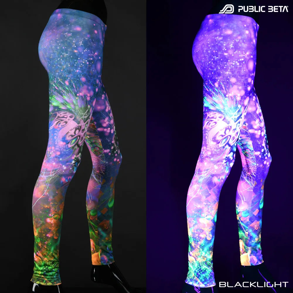 Split image of leggings with uv-reactive psychedelic art print shown in natural light and glowing under blacklight