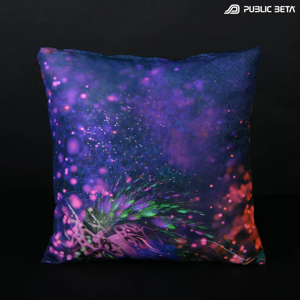 Cushion Cover with UV-reactive psychedelic art print, photographed in natural light