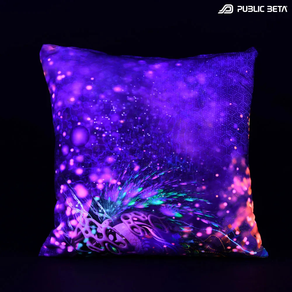 Cushion Cover with UV-reactive graphics glowing under blacklight