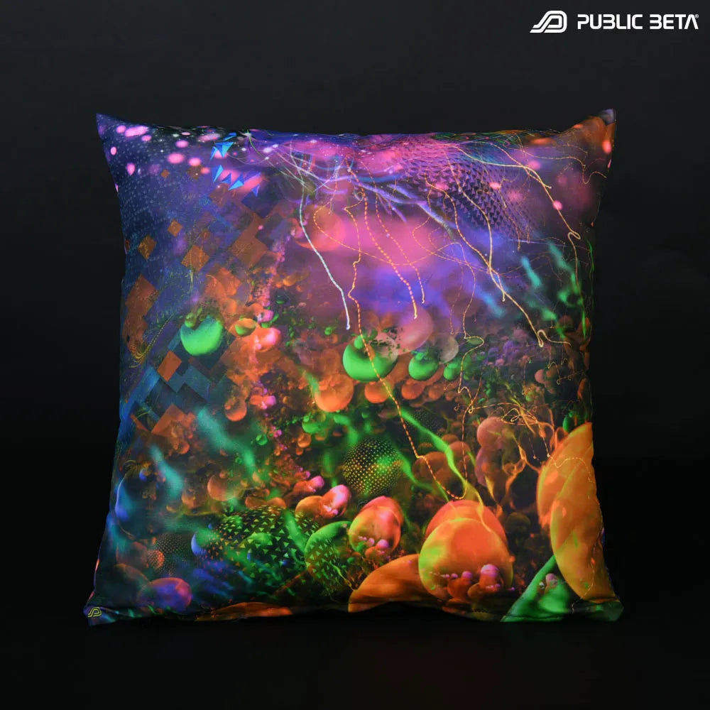 Cushion Cover with UV-reactive psychedelic art print, photographed in natural light