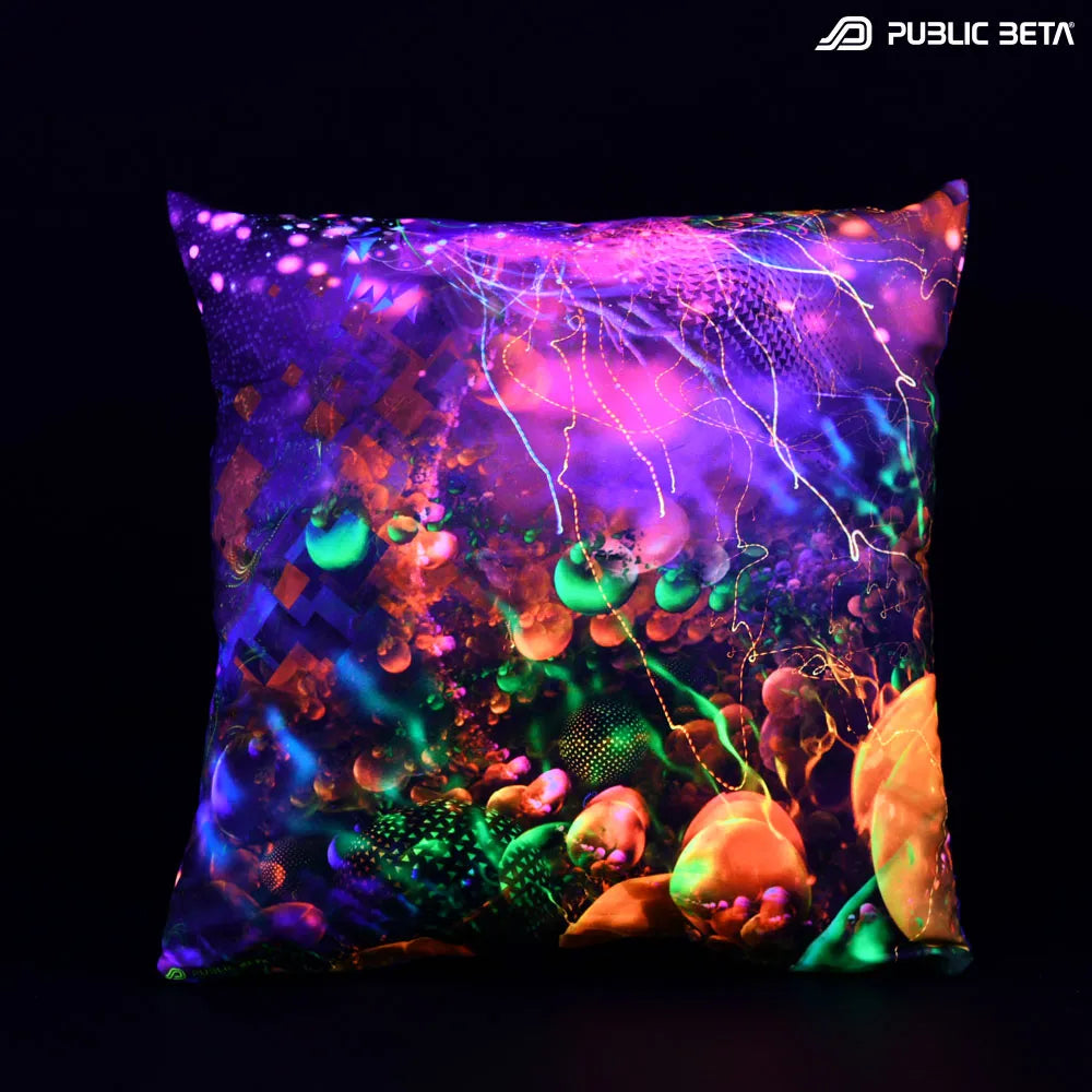 Cushion Cover with UV-reactive graphics glowing under blacklight