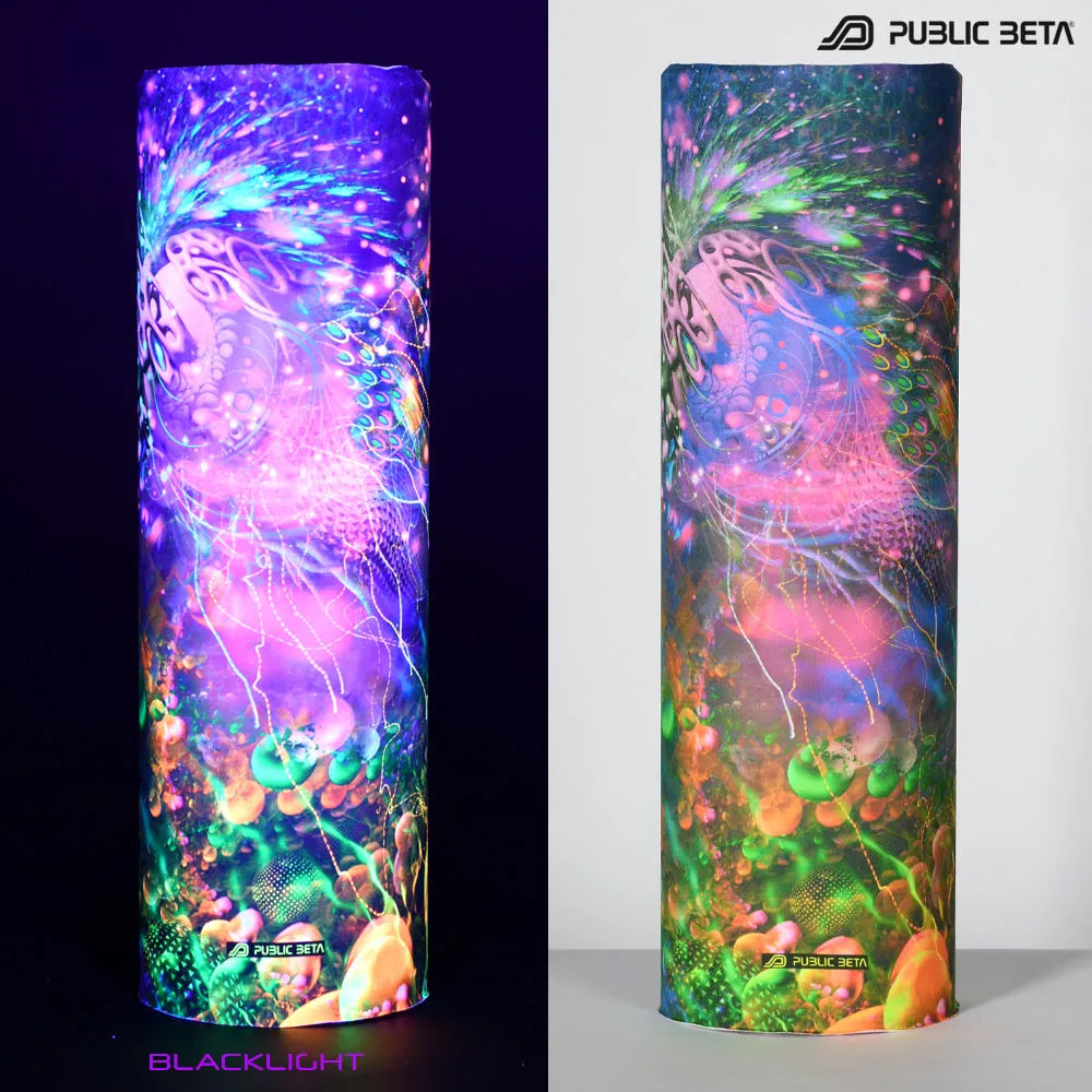 Split image of a tube scarf with uv-reactive graphics shown in natural light and glowing under blacklight