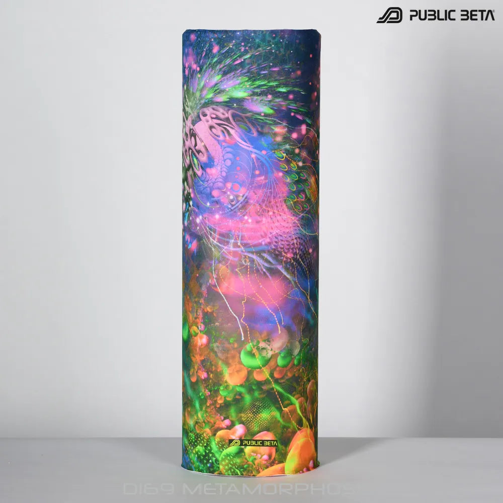 Tube scarf with organic UV-reactive print, photographed in natural light