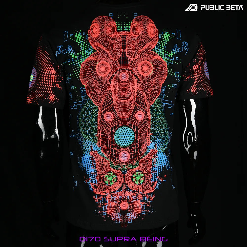 T-shirt with all-over UV-reactive print, photographed in natural light back