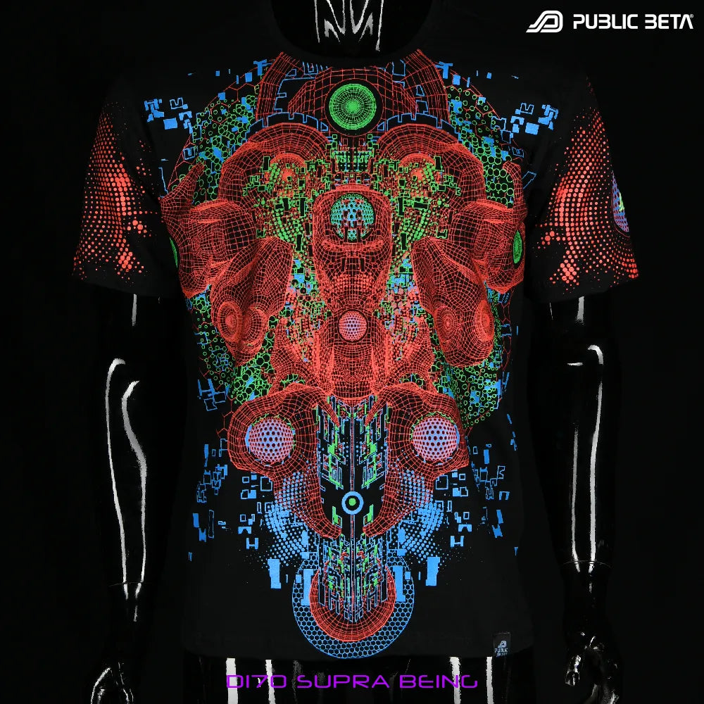 T-shirt with all-over UV-reactive print, photographed in natural light front