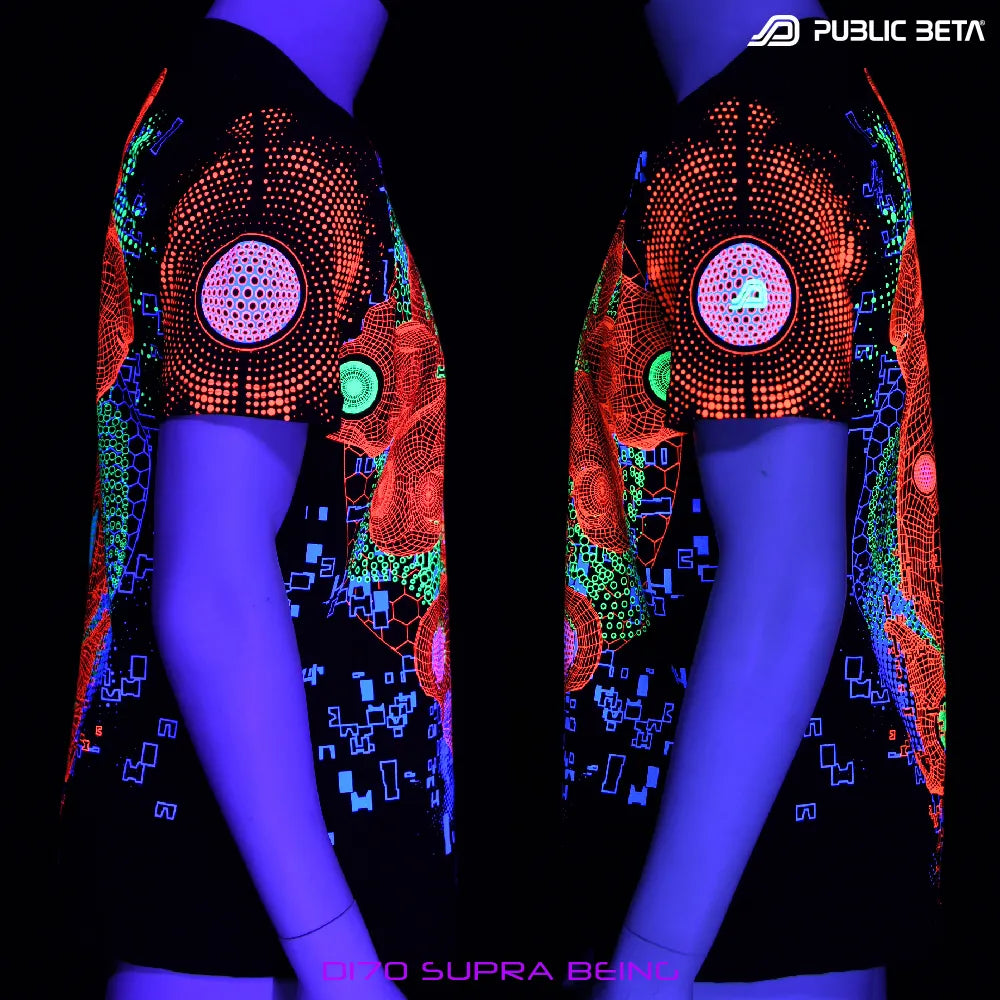 T-shirt with dense pattern UV-reactive graphics glowing under blacklight sides