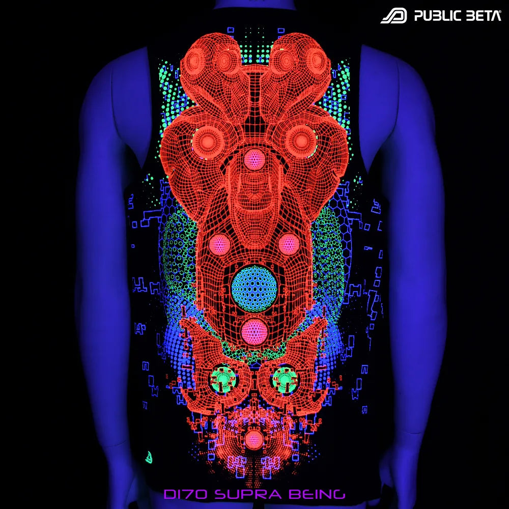 Sleeveless shirt with dense pattern UV-reactive graphics glowing under blacklight back