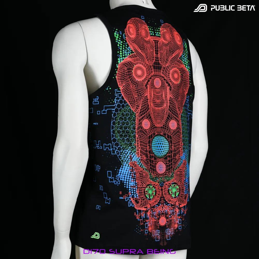 Sleeveless shirt with dense pattern UV-reactive graphics