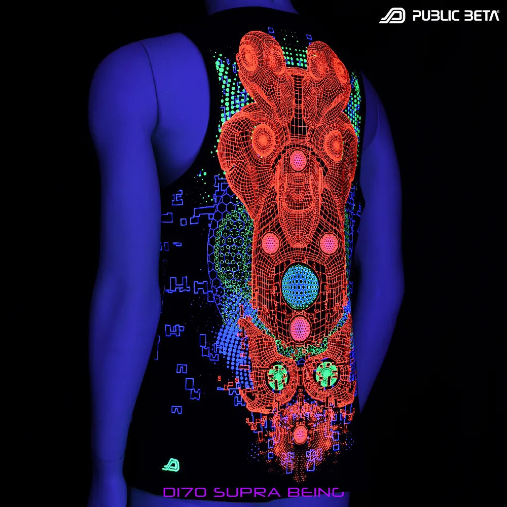 Sleeveless shirt with dense pattern UV-reactive graphics glowing under blacklight 