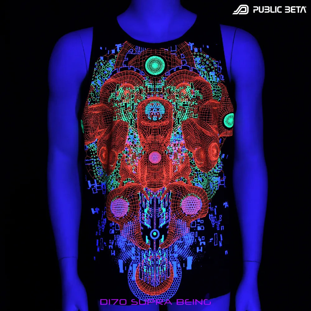 Sleeveless shirt with dense pattern UV-reactive graphics glowing under blacklight front