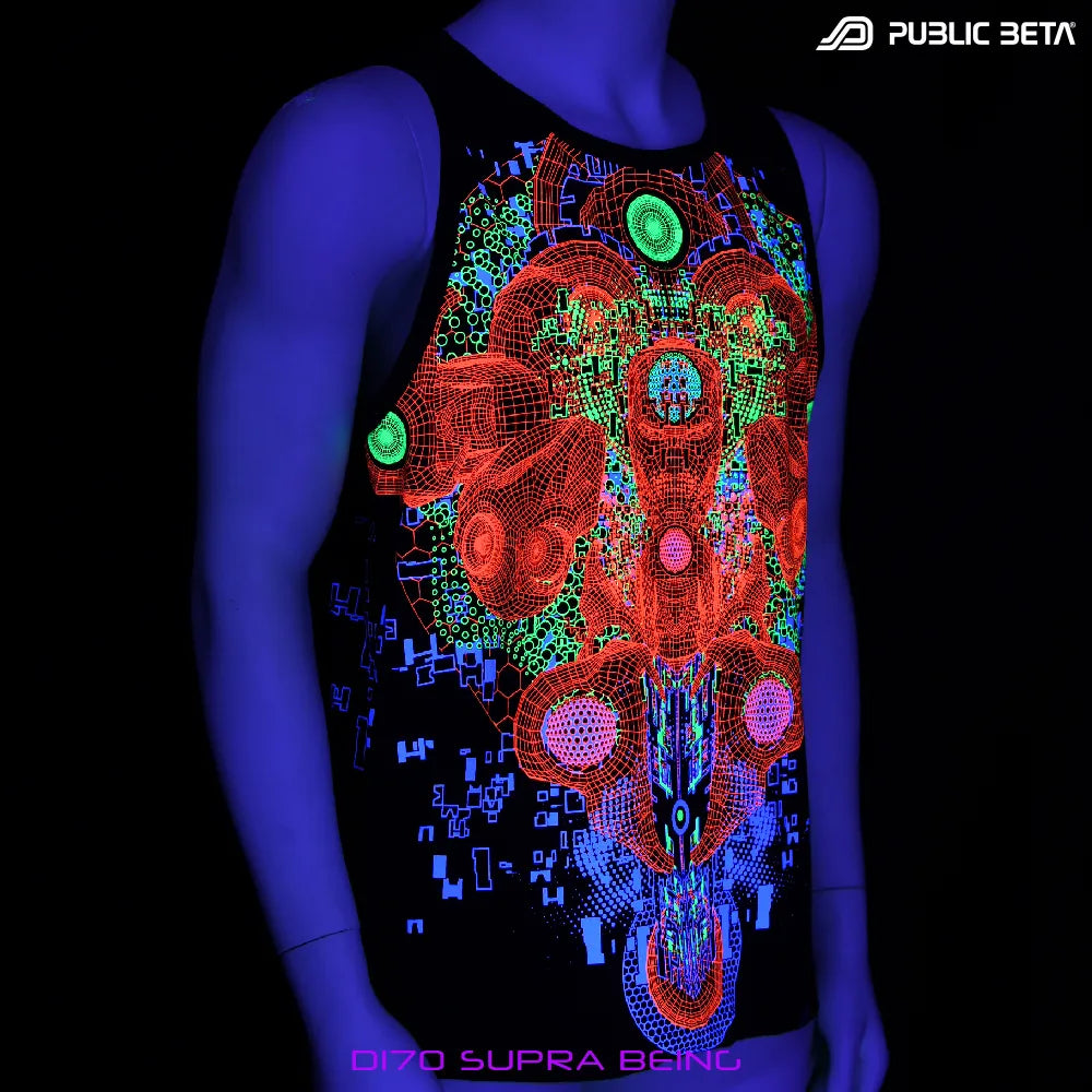 Sleeveless shirt with dense pattern UV-reactive graphics glowing under blacklight front