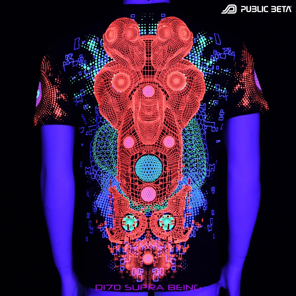 T-shirt with dense pattern UV-reactive graphics glowing under blacklight back