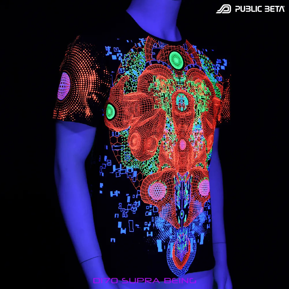 T-shirt with dense pattern UV-reactive graphics glowing under blacklight front
