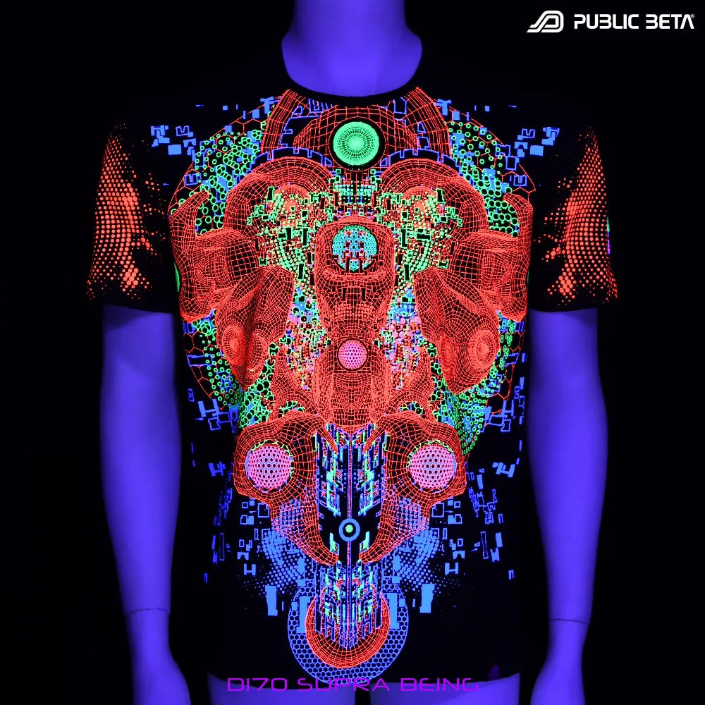T-shirt with dense pattern UV-reactive graphics glowing under blacklight front