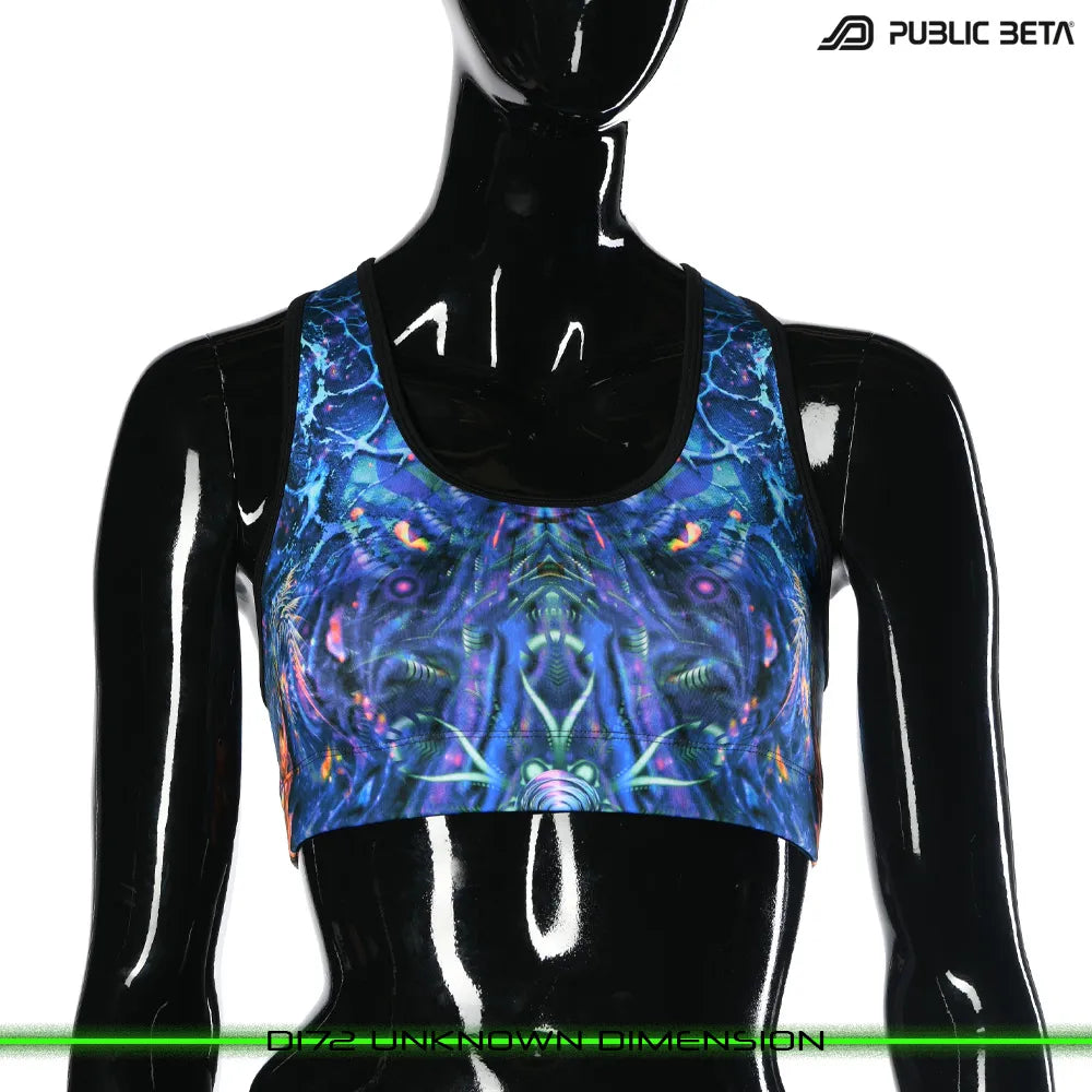 Active top with UV-reactive printed graphics, photographed in natural light