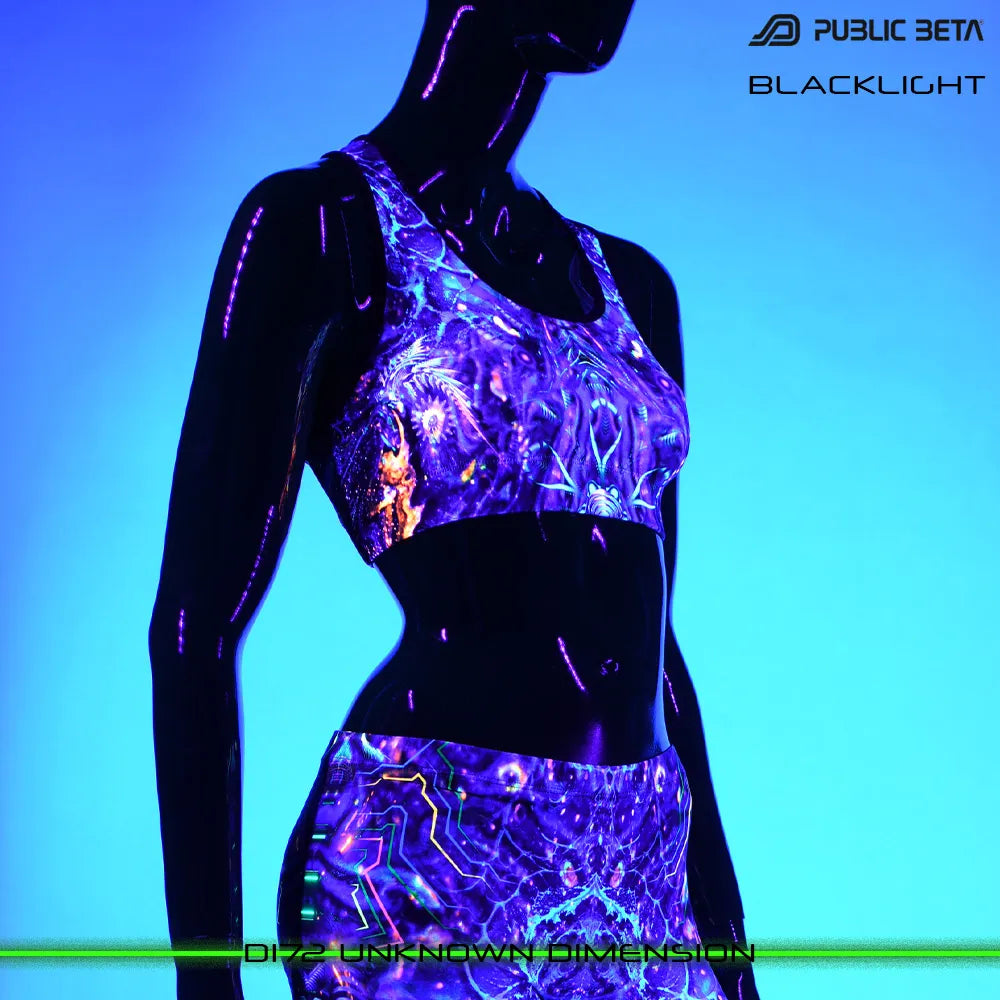 Active top with UV-reactive graphics glowing under blacklight