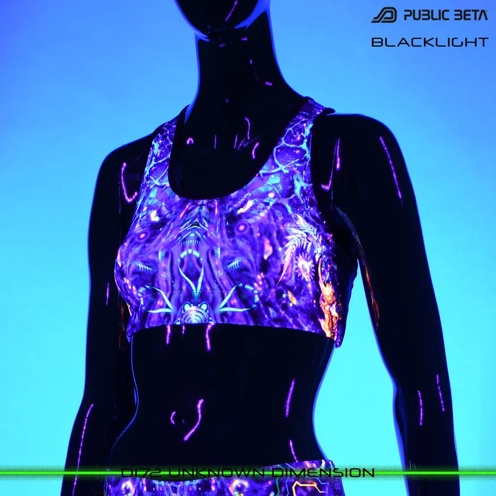 Active top with UV-reactive graphics glowing under blacklight
