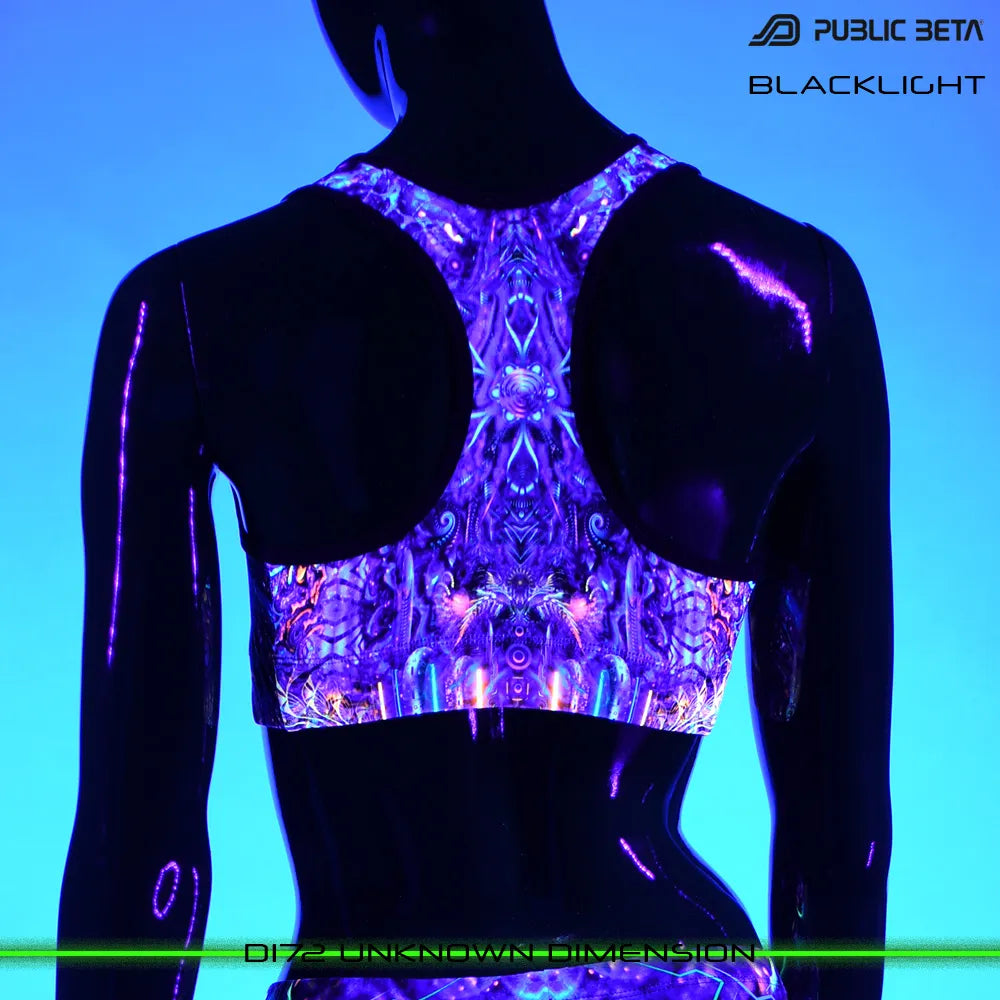 Active top with UV-reactive graphics glowing under blacklight