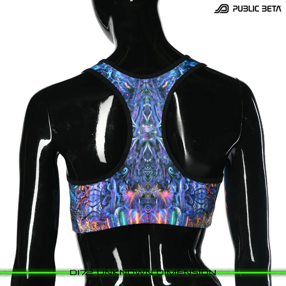 Active top with UV-reactive printed graphics, photographed in natural light
