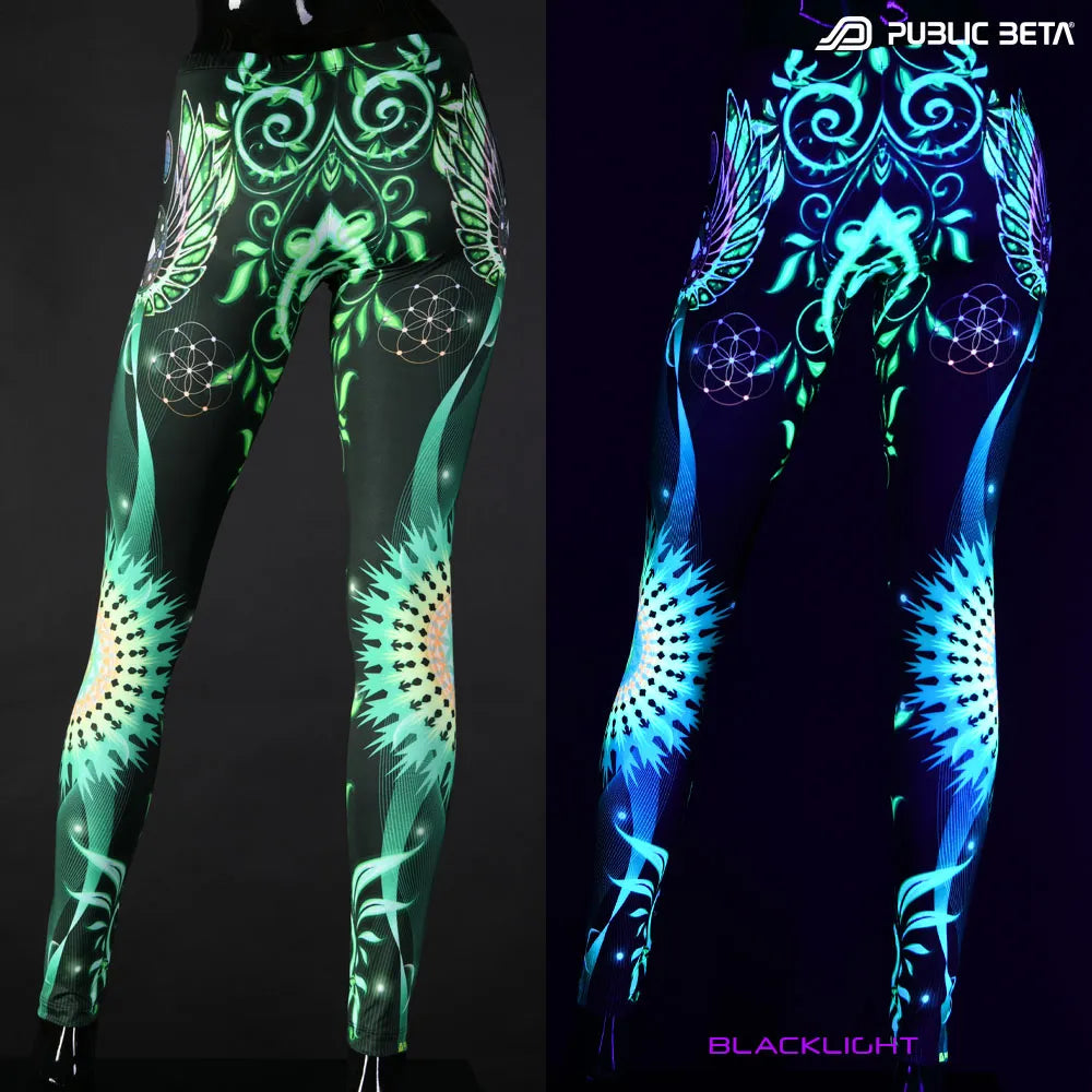 Uv reactive psychedelic art printed leggings shown in natural light and glowing under blacklight split image view