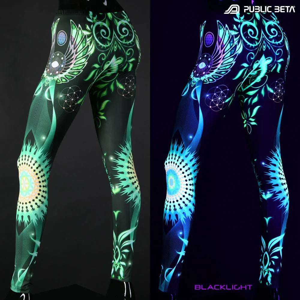 Uv reactive psychedelic art printed leggings shown in natural light and glowing under blacklight split image view
