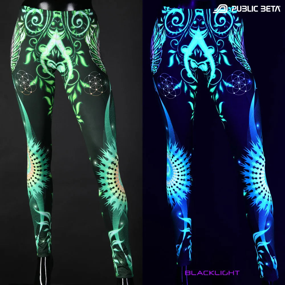 Uv reactive psychedelic art printed leggings shown in natural light and glowing under blacklight split image view