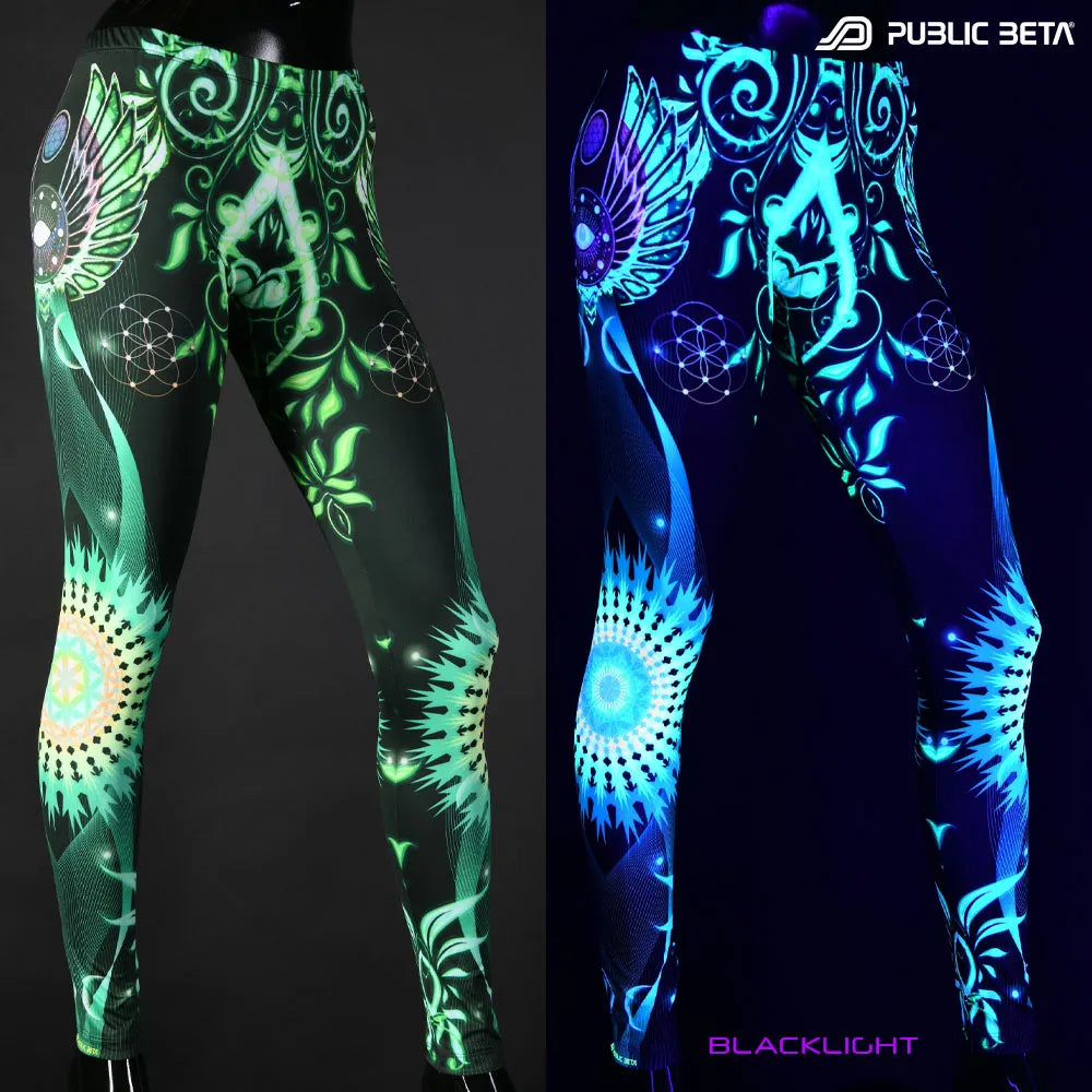 Uv reactive psychedelic art printed leggings shown in natural light and glowing under blacklight split image view