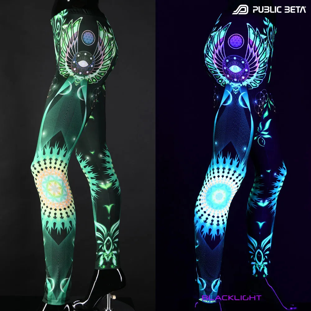 Uv reactive psychedelic art printed leggings shown in natural light and glowing under blacklight split image view