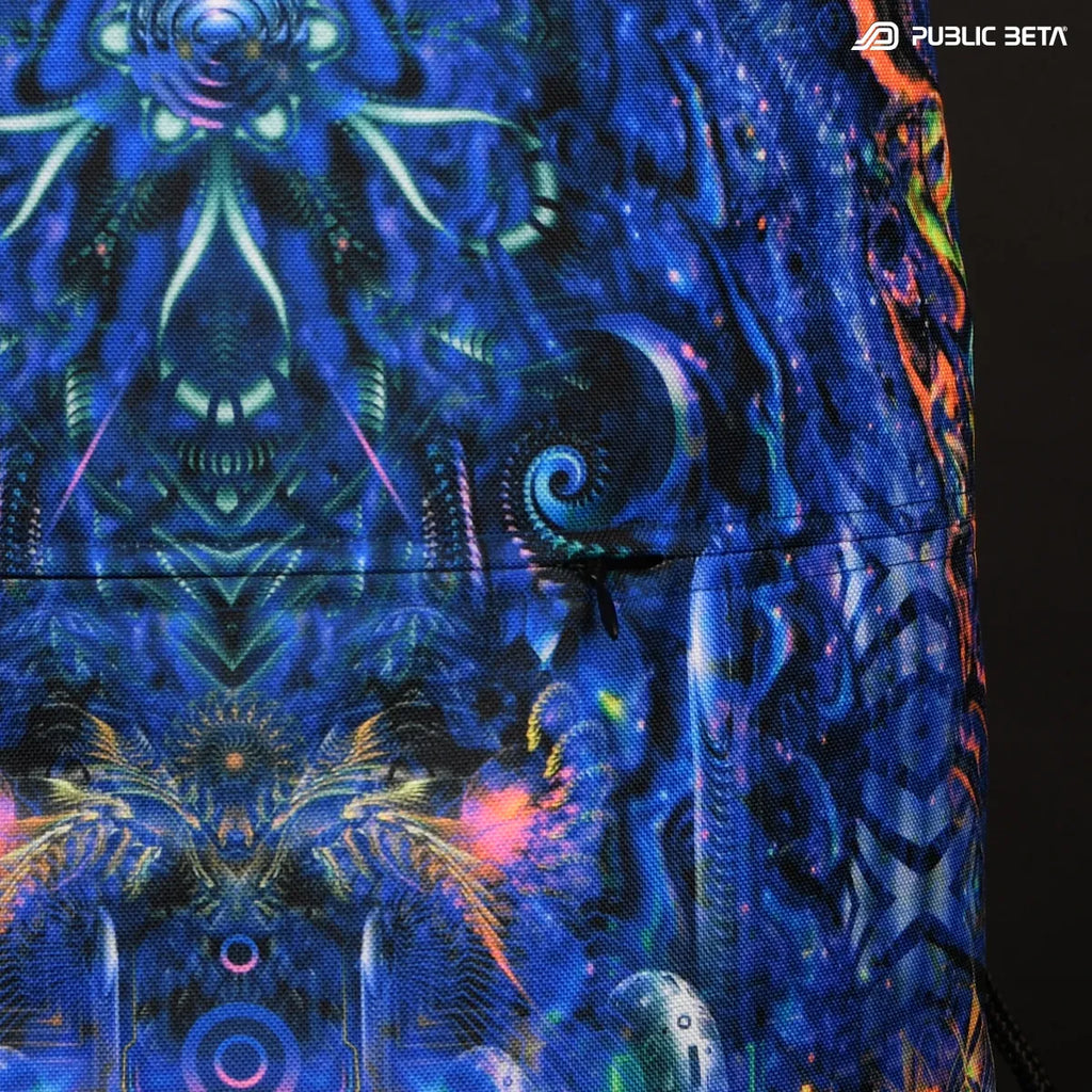 Close up of a Drawstring bag with uv reactive psychedelic art print