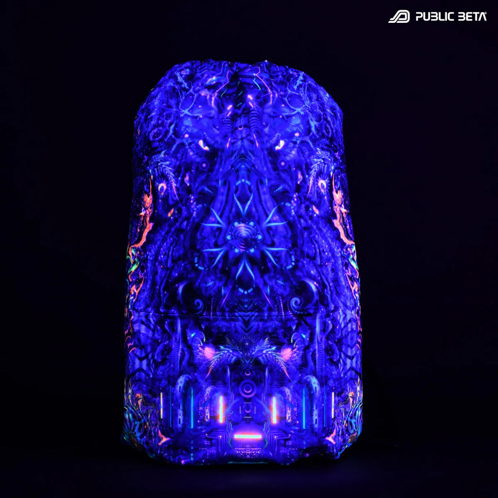Drawstring bag with uv reactive psychedelic art print glowing under blacklight