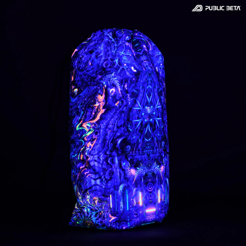 Drawstring bag with uv reactive psychedelic art print glowing under blacklight