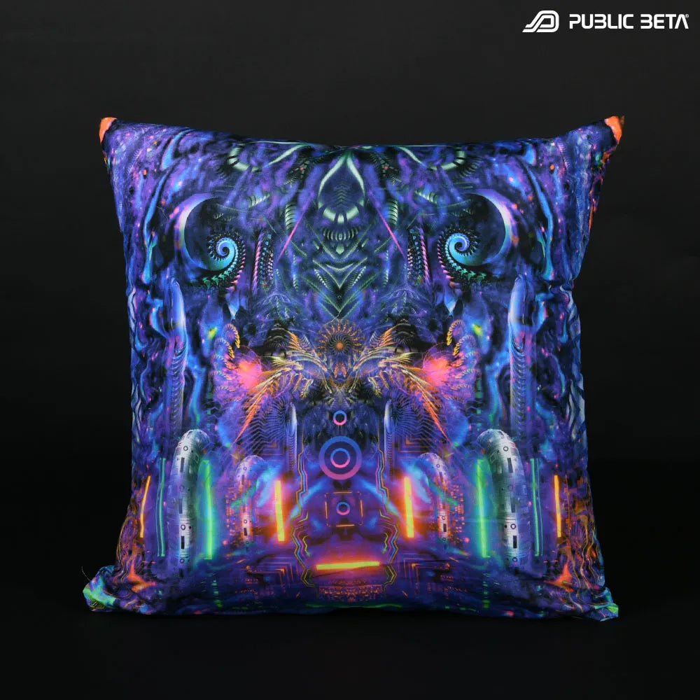 Cushion Cover with UV-reactive psychedelic art print, photographed in natural light