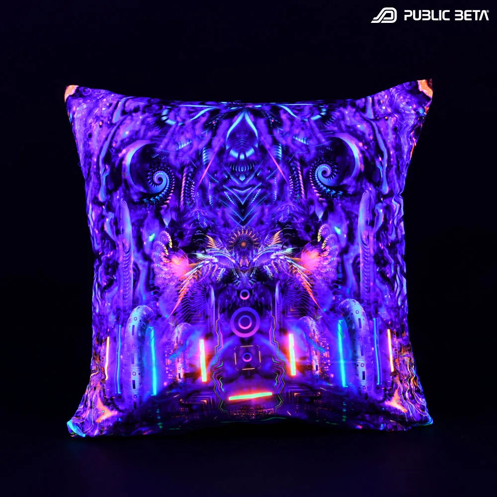 Cushion Cover with UV-reactive graphics glowing under blacklight