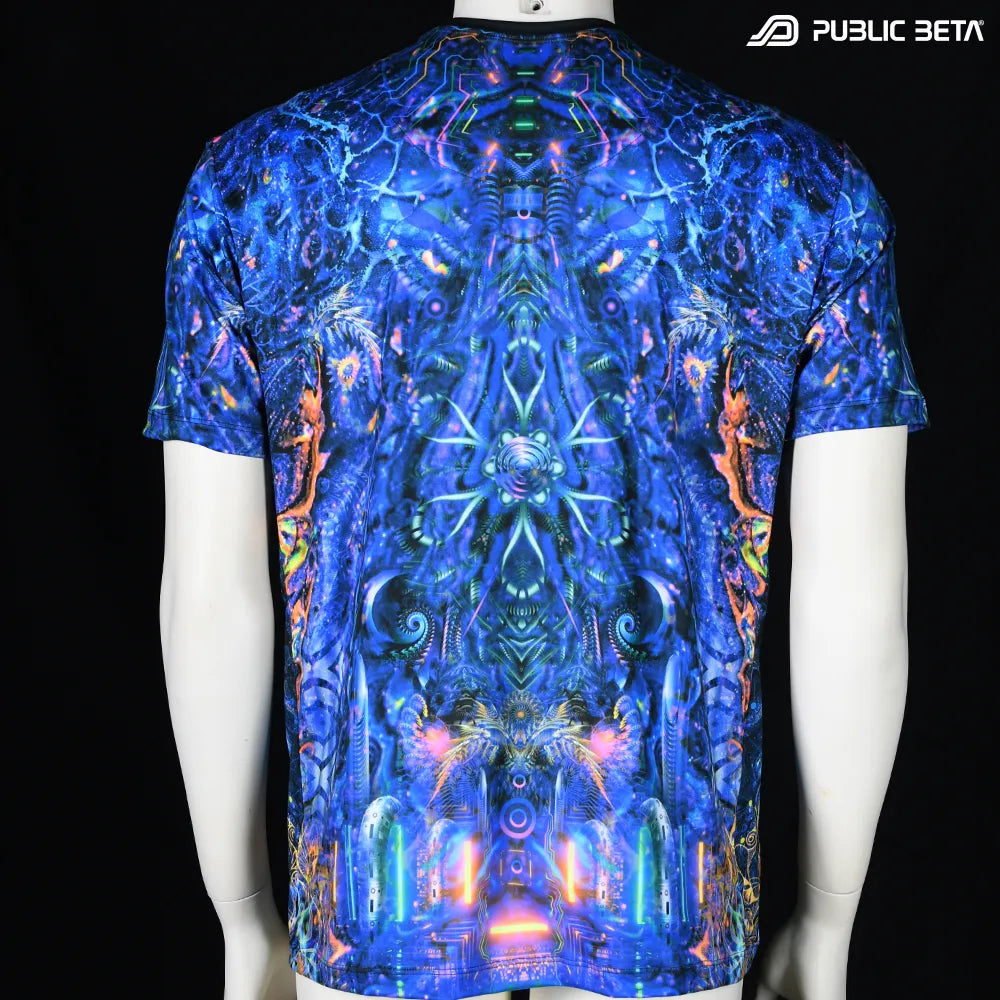 T-shirt with UV-reactive printed graphics, photographed in natural light 