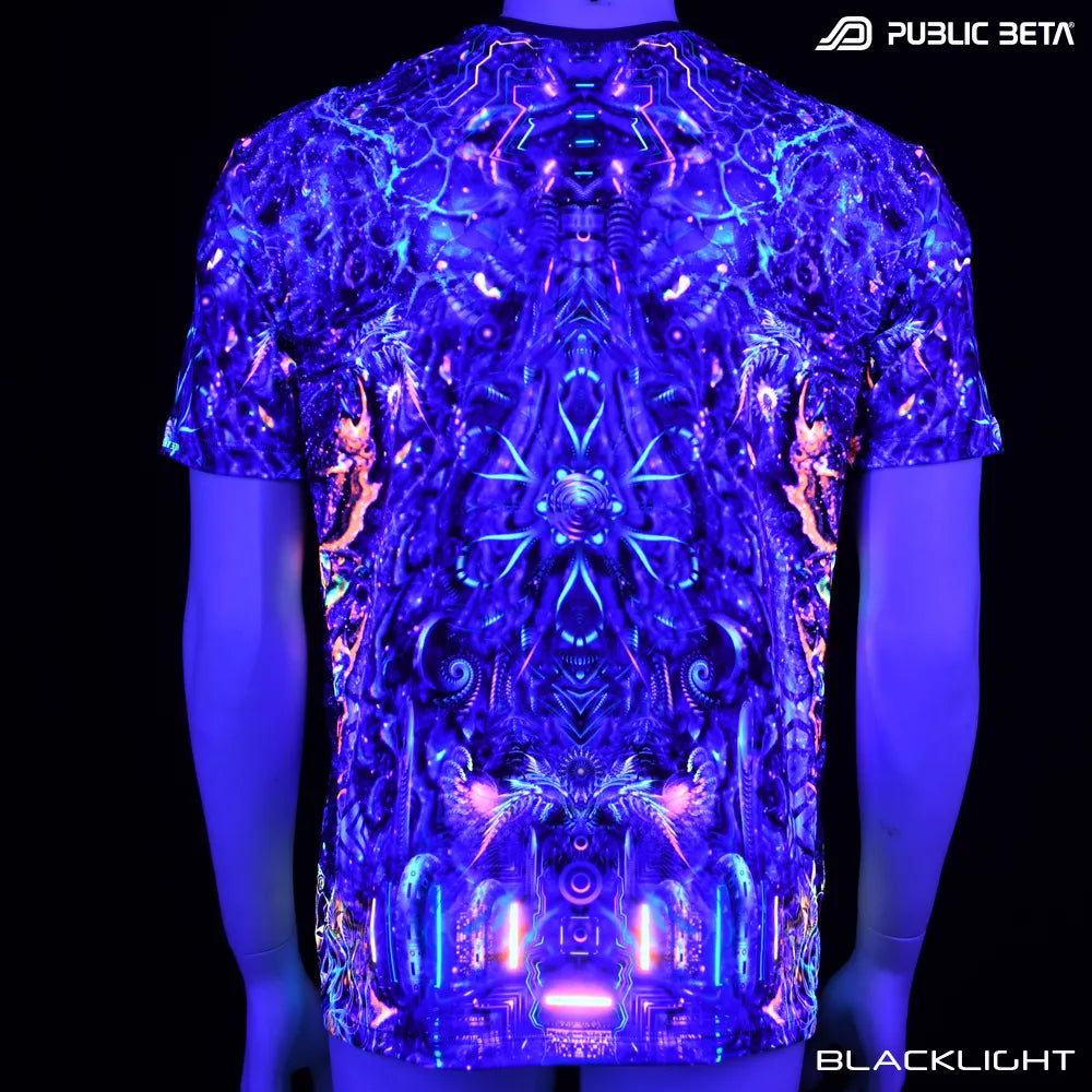 T-shirt with UV-reactive psychedelic art print glowing under blacklight back view