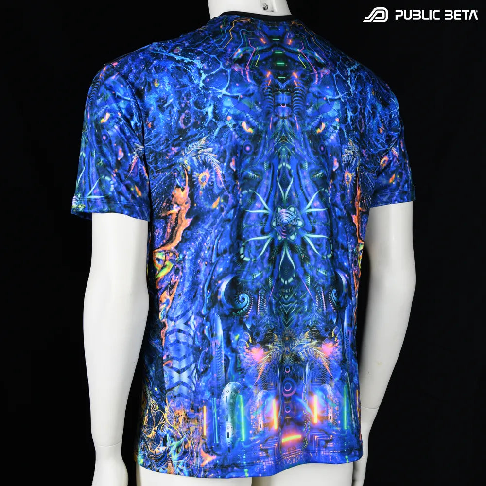 T-shirt with UV-reactive printed graphics, photographed in natural light backview