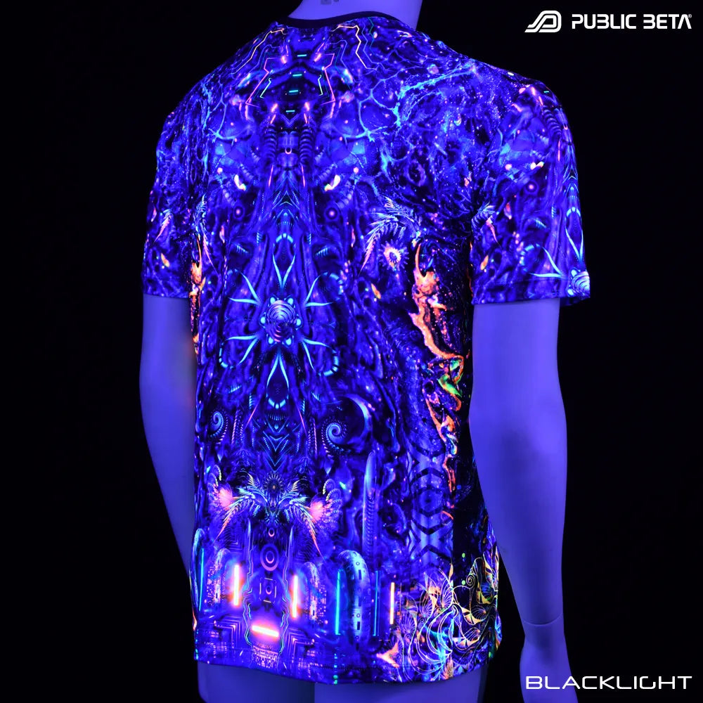 T-shirt with UV-reactive psychedelic art print glowing under blacklight back view