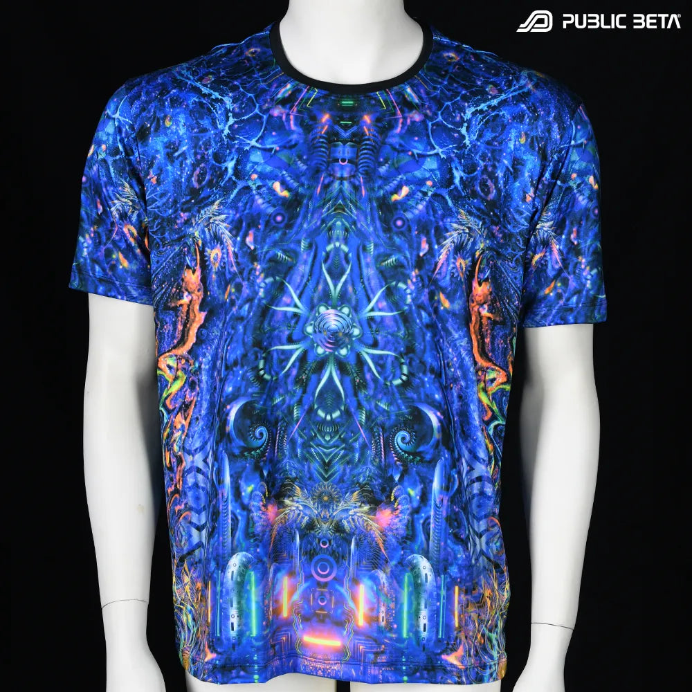 T-shirt with UV-reactive printed graphics, photographed in natural light front view