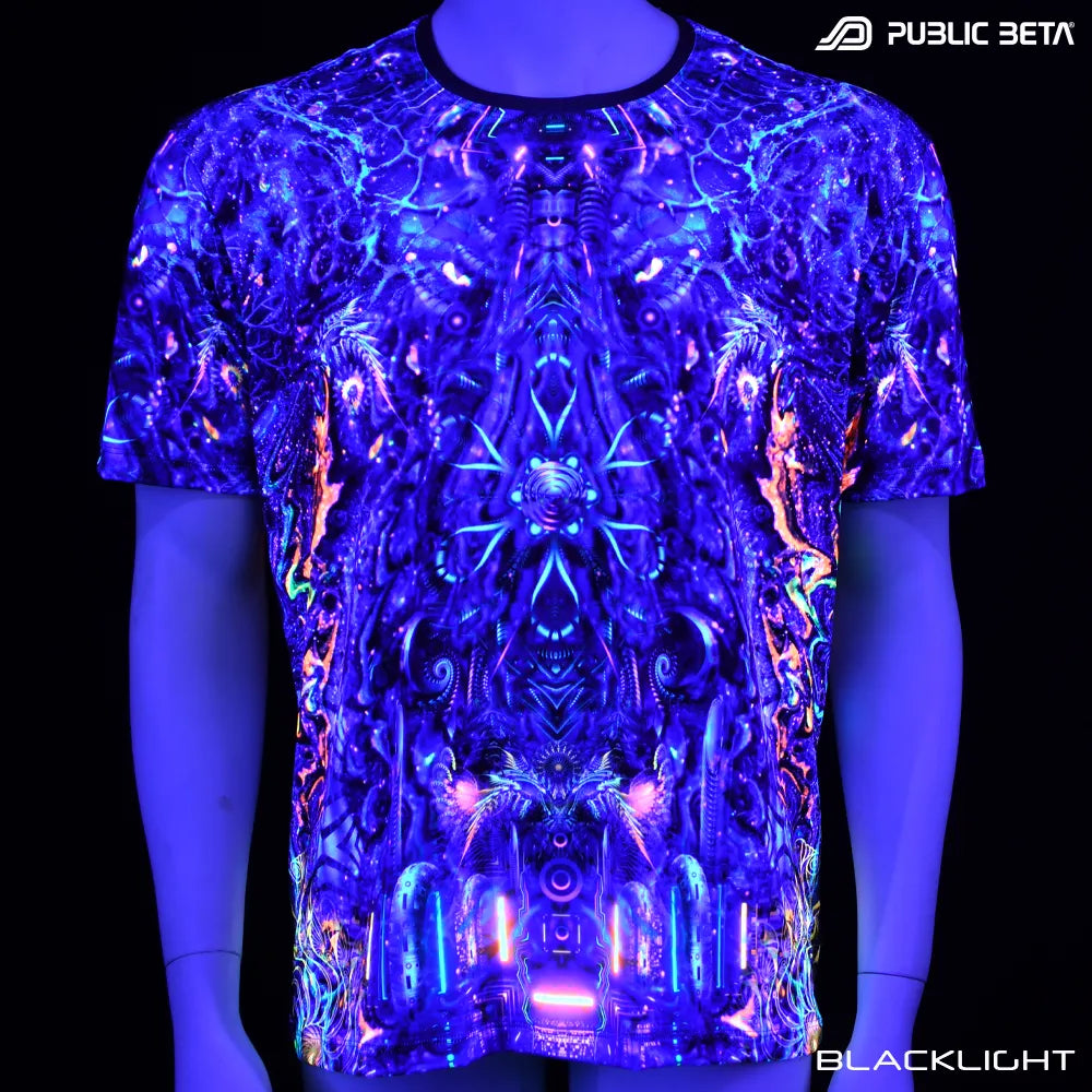 T-shirt with UV-reactive psychedelic art print glowing under blacklight front view