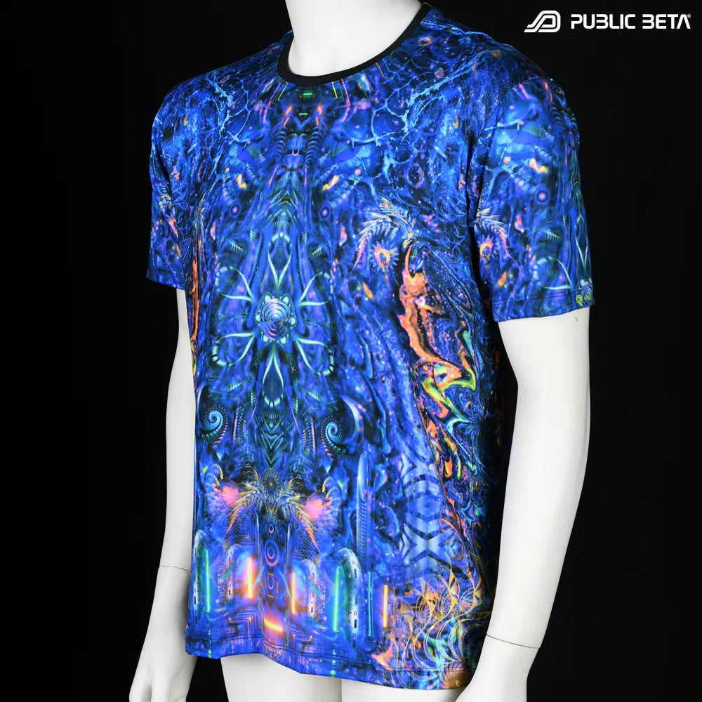 T-shirt with UV-reactive printed graphics, photographed in natural light side view