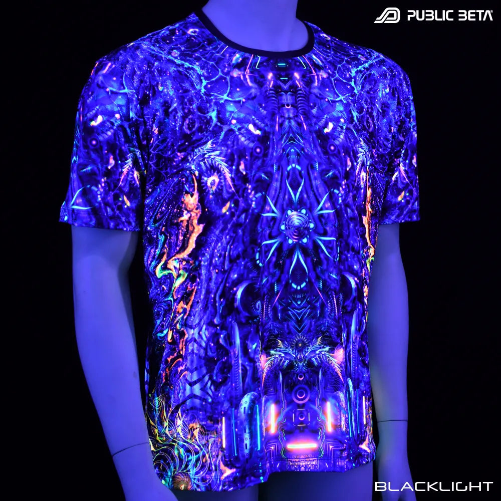 T-shirt with UV-reactive psychedelic art print glowing under blacklight front view