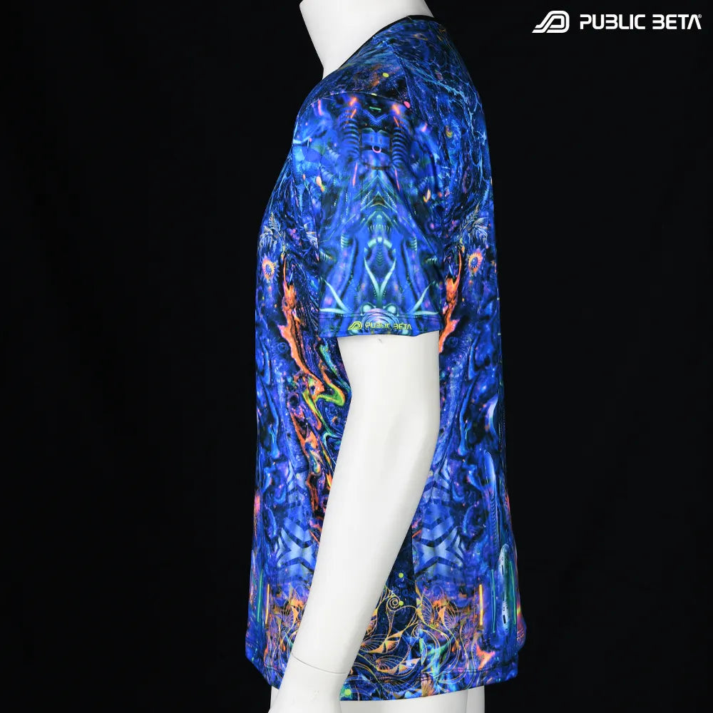 T-shirt with UV-reactive printed graphics, photographed in natural light side view