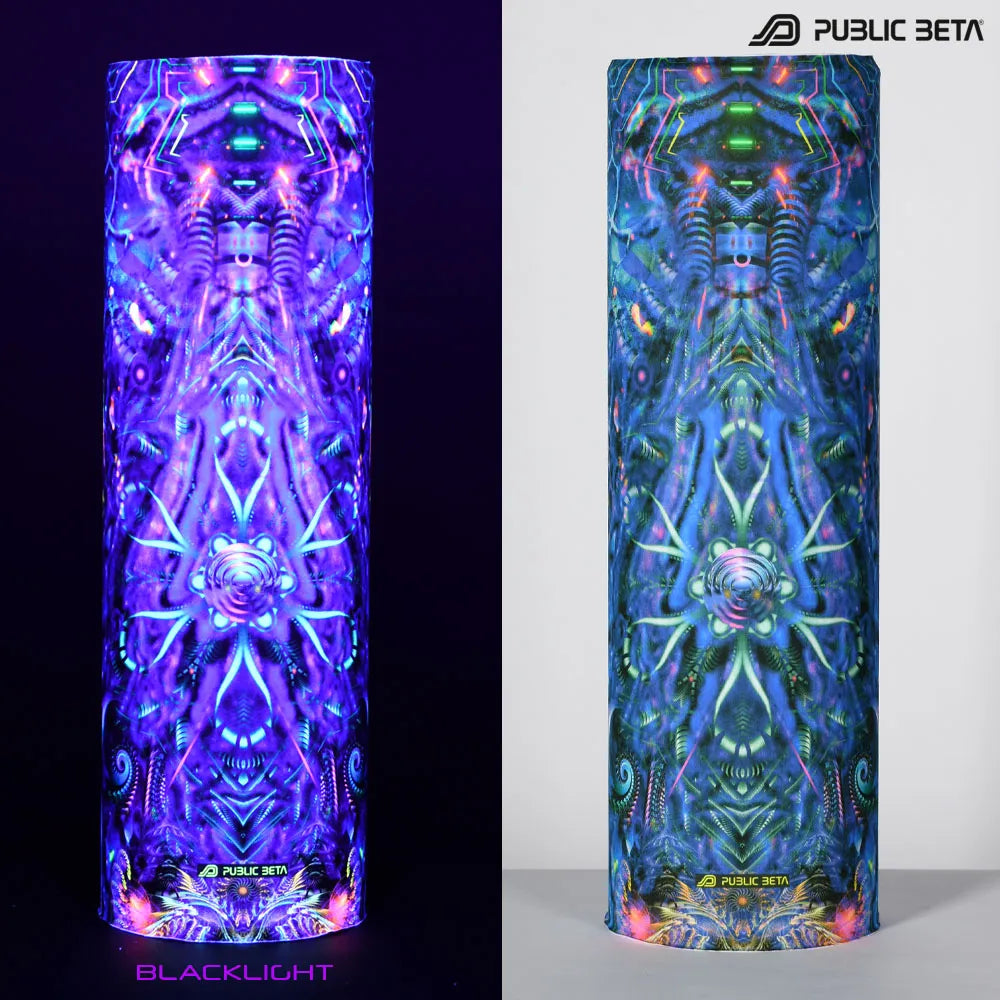 Split image of a tube scarf with uv-reactive graphics shown in natural light and glowing under blacklight