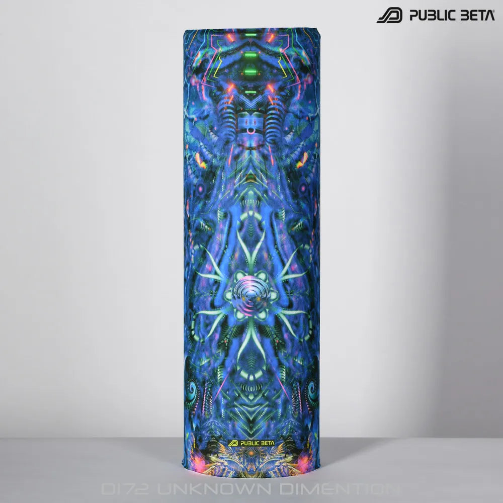 Tube scarf with UV-reactive futuristic graphics, photographed in natural light