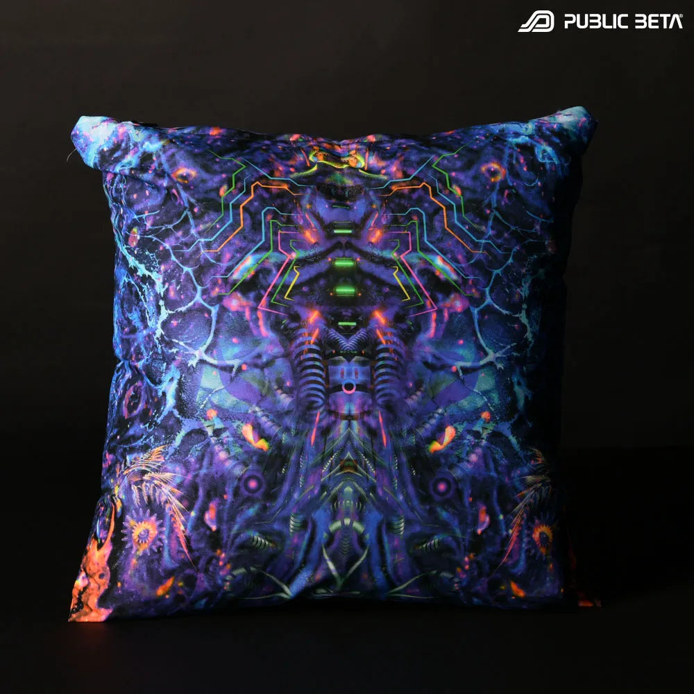 Cushion Cover with UV-reactive psychedelic art print, photographed in natural light