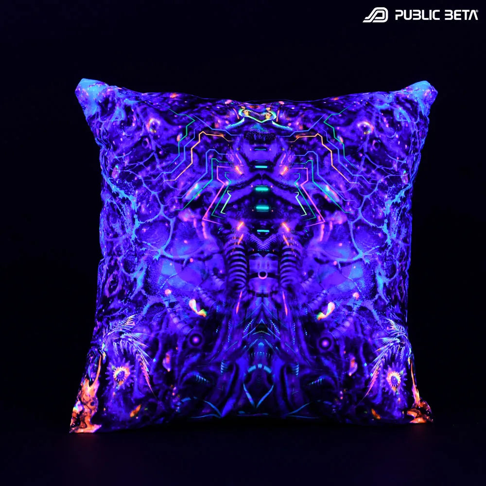 Cushion Cover with UV-reactive graphics glowing under blacklight
