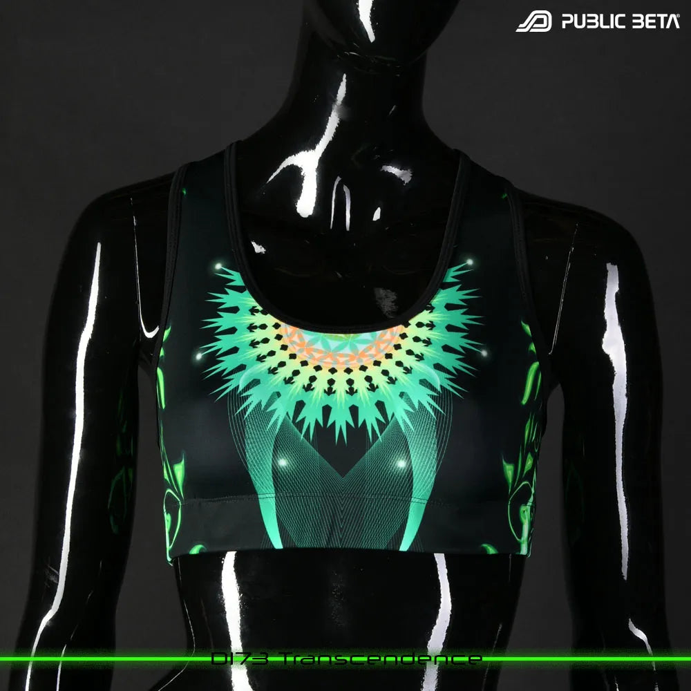 Active top with UV-reactive printed graphics, photographed in natural light