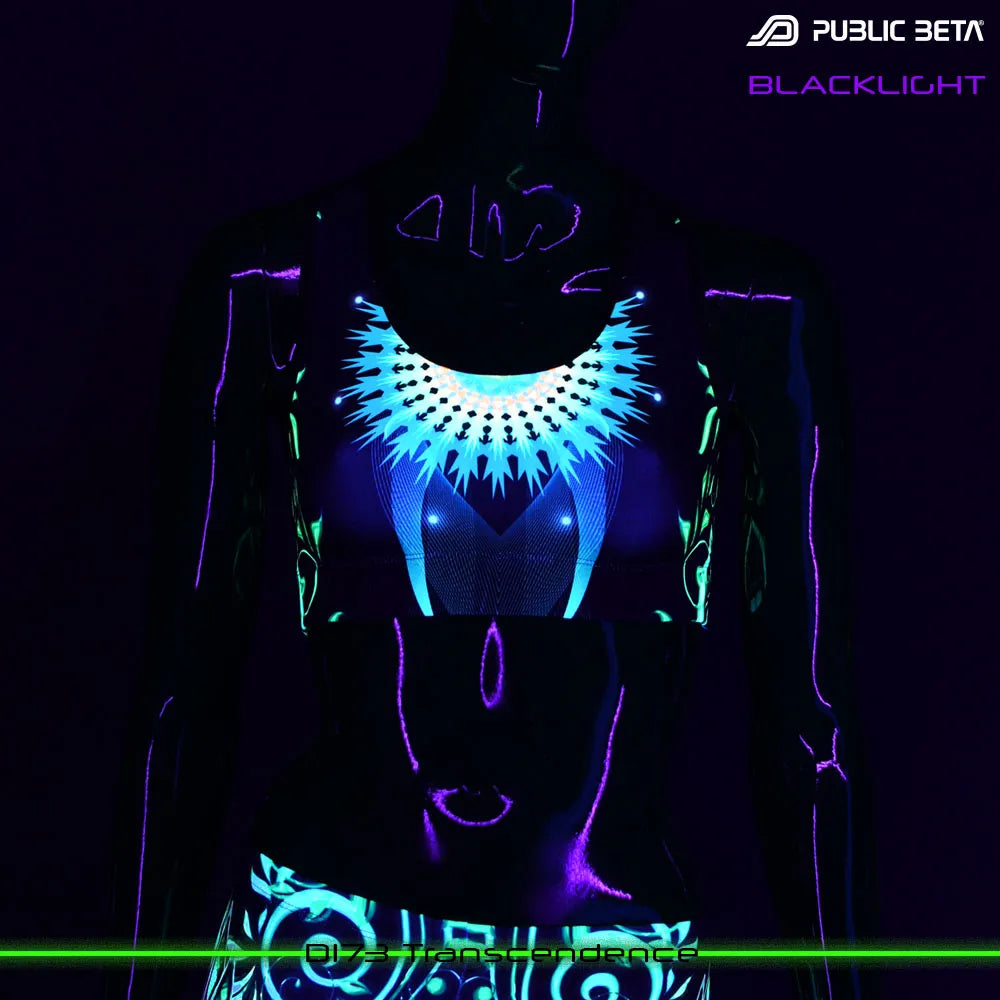 Active top with UV-reactive graphics glowing under blacklight