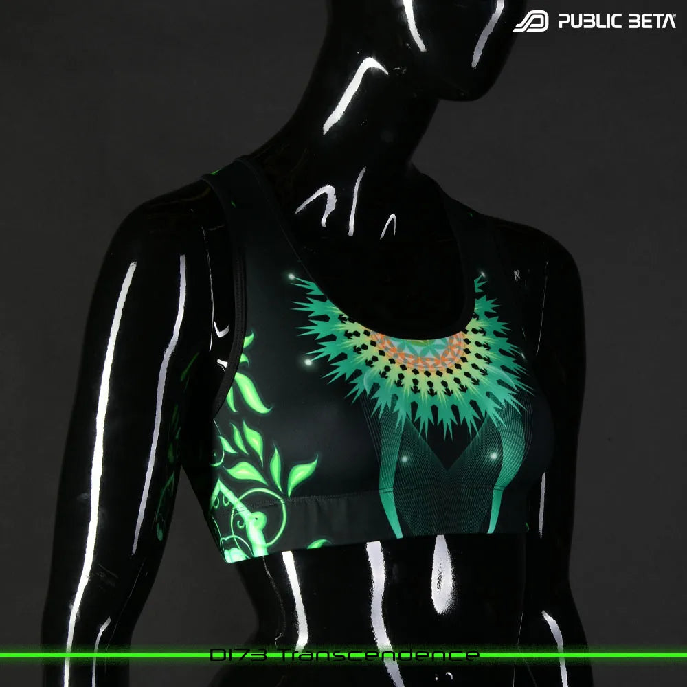 Active top with UV-reactive printed graphics, photographed in natural light