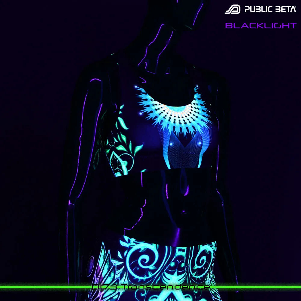 Active top with UV-reactive graphics glowing under blacklight